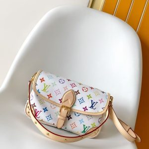 Celebrating its 130th anniversary in 2026, the Monogram pattern is reimagined in vibrant hues on the classic canvas of the Diane mini bag, featuring smooth calf leather trim and a detachable shoulder strap. Studs and other metal accents complement each other, while an interior label identifies the celebratory collection.Coated canvas Cowhide leather trim Fabric lining Metal hardware Flap closure with magnetic snap Interior zippered pocket Interior with anniversary label Studs Holds smartphone, Victorine wallet, keys, and lipstick Strap: Removable, adjustable Model: M27866 Dimensions: 24x15x9 cm